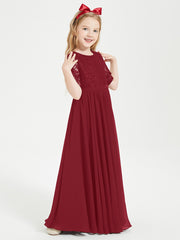 Lace Top Half Sleeved Junior Bridesmaids Dresses Burgundy