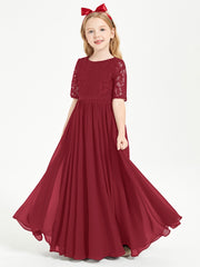 Lace Top Half Sleeved Junior Bridesmaids Dresses Burgundy
