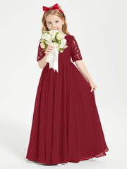 Lace Top Half Sleeved Junior Bridesmaids Dresses Burgundy