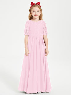 Lace Top Half Sleeved Junior Bridesmaids Dresses Candy Pink