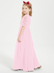 Lace Top Half Sleeved Junior Bridesmaids Dresses Candy Pink