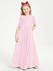 Lace Top Half Sleeved Junior Bridesmaids Dresses Candy Pink