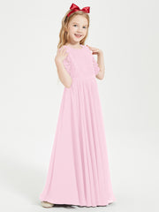 Lace Top Half Sleeved Junior Bridesmaids Dresses Candy Pink