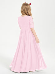 Lace Top Half Sleeved Junior Bridesmaids Dresses Candy Pink