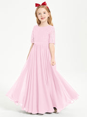 Lace Top Half Sleeved Junior Bridesmaids Dresses Candy Pink