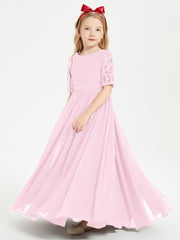 Lace Top Half Sleeved Junior Bridesmaids Dresses Candy Pink