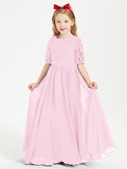 Lace Top Half Sleeved Junior Bridesmaids Dresses Candy Pink