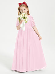 Lace Top Half Sleeved Junior Bridesmaids Dresses Candy Pink