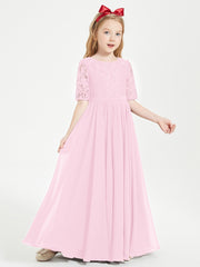 Lace Top Half Sleeved Junior Bridesmaids Dresses Candy Pink