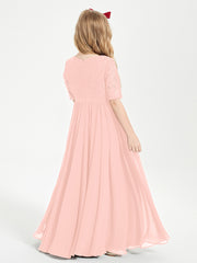 Lace Top Half Sleeved Junior Bridesmaids Dresses Coral