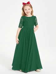 Lace Top Half Sleeved Junior Bridesmaids Dresses Dark Green
