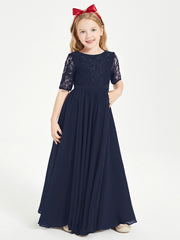 Lace Top Half Sleeved Junior Bridesmaids Dresses Dark Navy