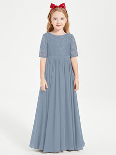 Lace Top Half Sleeved Junior Bridesmaids Dresses Dusty Blue