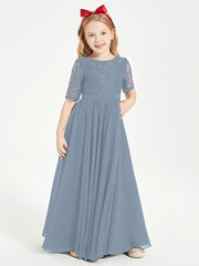 Lace Top Half Sleeved Junior Bridesmaids Dresses Dusty Blue