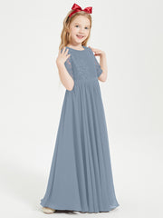 Lace Top Half Sleeved Junior Bridesmaids Dresses Dusty Blue