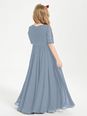 Lace Top Half Sleeved Junior Bridesmaids Dresses Dusty Blue