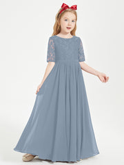 Lace Top Half Sleeved Junior Bridesmaids Dresses Dusty Blue