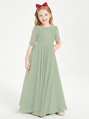 Lace Top Half Sleeved Junior Bridesmaids Dresses Dusty Sage