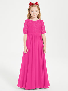 Lace Top Half Sleeved Junior Bridesmaids Dresses Fuchsia