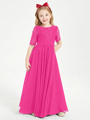 Lace Top Half Sleeved Junior Bridesmaids Dresses Fuchsia