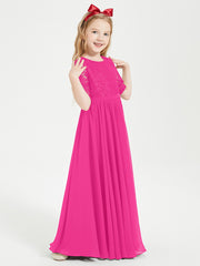 Lace Top Half Sleeved Junior Bridesmaids Dresses Fuchsia