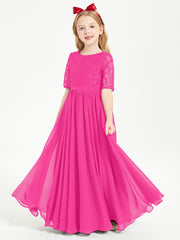 Lace Top Half Sleeved Junior Bridesmaids Dresses Fuchsia