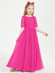 Lace Top Half Sleeved Junior Bridesmaids Dresses Fuchsia