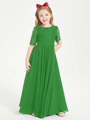 Lace Top Half Sleeved Junior Bridesmaids Dresses Green