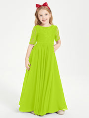 Lace Top Half Sleeved Junior Bridesmaids Dresses Lime Green
