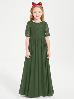 Lace Top Half Sleeved Junior Bridesmaids Dresses Olive Green