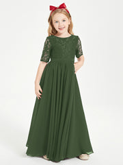 Lace Top Half Sleeved Junior Bridesmaids Dresses Olive Green