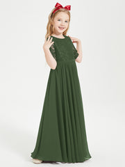 Lace Top Half Sleeved Junior Bridesmaids Dresses Olive Green