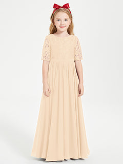 Lace Top Half Sleeved Junior Bridesmaids Dresses Peach