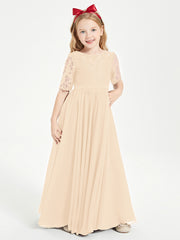 Lace Top Half Sleeved Junior Bridesmaids Dresses Peach