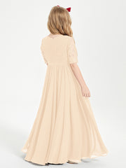 Lace Top Half Sleeved Junior Bridesmaids Dresses Peach