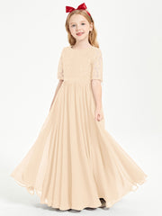 Lace Top Half Sleeved Junior Bridesmaids Dresses Peach