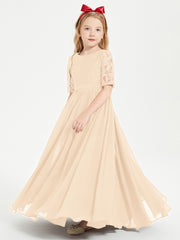 Lace Top Half Sleeved Junior Bridesmaids Dresses Peach