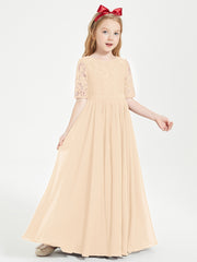 Lace Top Half Sleeved Junior Bridesmaids Dresses Peach