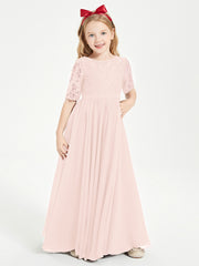 Lace Top Half Sleeved Junior Bridesmaids Dresses Pearl Pink
