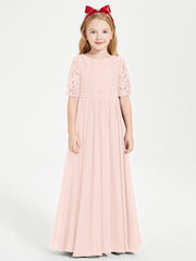 Lace Top Half Sleeved Junior Bridesmaids Dresses Pearl Pink