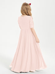 Lace Top Half Sleeved Junior Bridesmaids Dresses Pearl Pink