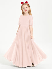 Lace Top Half Sleeved Junior Bridesmaids Dresses Pearl Pink