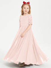 Lace Top Half Sleeved Junior Bridesmaids Dresses Pearl Pink