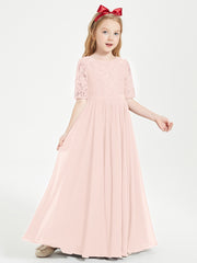 Lace Top Half Sleeved Junior Bridesmaids Dresses Pearl Pink