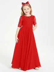 Lace Top Half Sleeved Junior Bridesmaids Dresses Red
