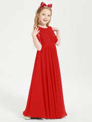 Lace Top Half Sleeved Junior Bridesmaids Dresses Red