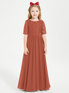 Lace Top Half Sleeved Junior Bridesmaids Dresses Rust