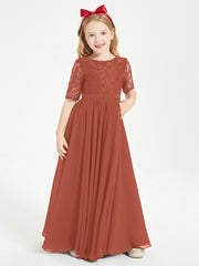 Lace Top Half Sleeved Junior Bridesmaids Dresses Rust