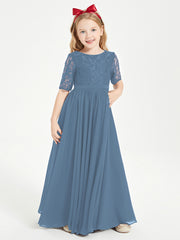 Lace Top Half Sleeved Junior Bridesmaids Dresses Slate Blue