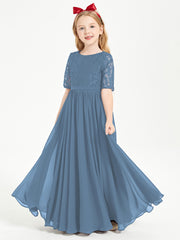 Lace Top Half Sleeved Junior Bridesmaids Dresses Slate Blue